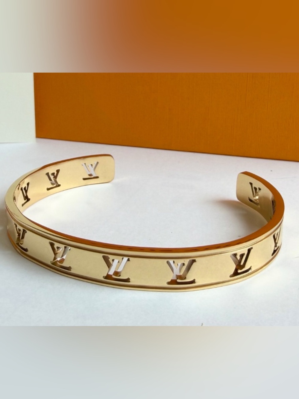 Louis Vuitton Style Gold Monogram Cuff Bracelet